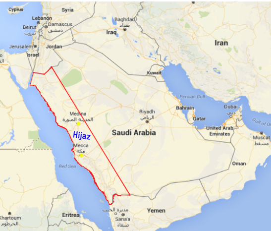 Red area is the Hejaz region.